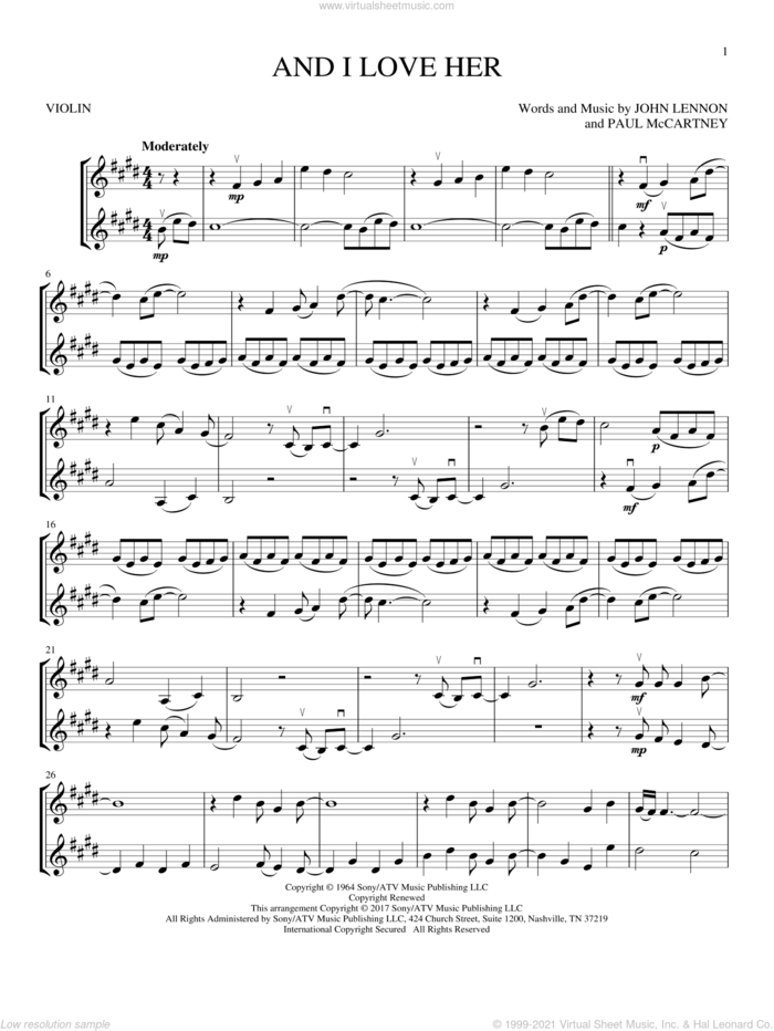 And I Love Her sheet music for two violins (duets, violin duets) by The Beatles, John Lennon and Paul McCartney, intermediate skill level