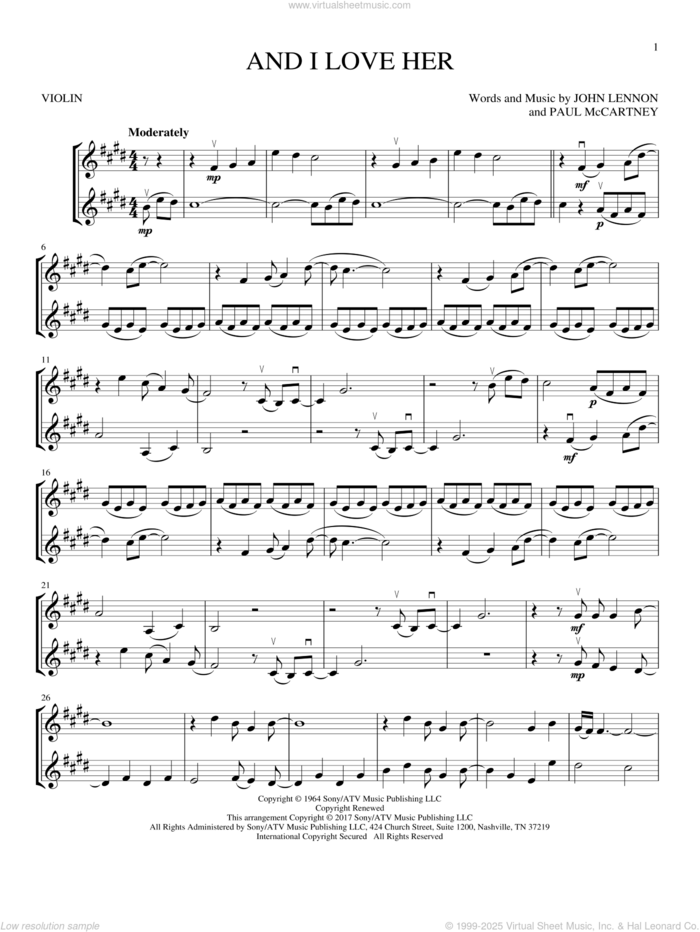 And I Love Her sheet music for two violins (duets, violin duets) by The Beatles, John Lennon and Paul McCartney, intermediate skill level