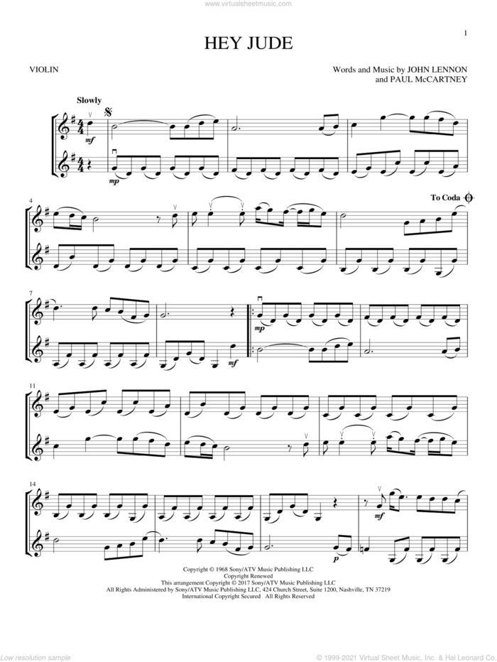 Hey Jude sheet music for two violins (duets, violin duets) by The Beatles, John Lennon and Paul McCartney, intermediate skill level