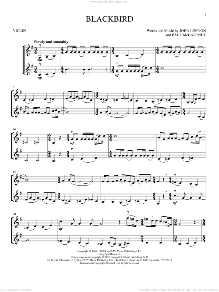 Blackbird sheet music for two violins (duets, violin duets) by The Beatles, Wings, John Lennon and Paul McCartney, intermediate skill level
