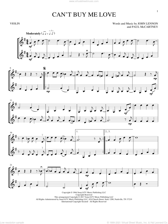 Can't Buy Me Love sheet music for two violins (duets, violin duets) by The Beatles, John Lennon and Paul McCartney, intermediate skill level