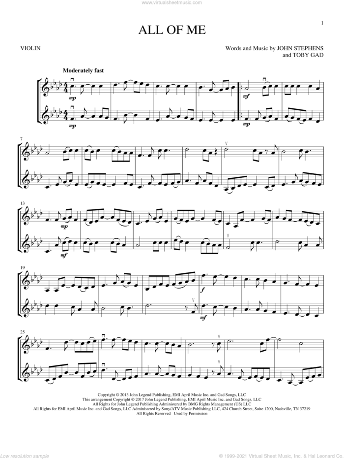 All Of Me sheet music for two violins (duets, violin duets) by John Legend, John Stephens and Toby Gad, wedding score, intermediate skill level