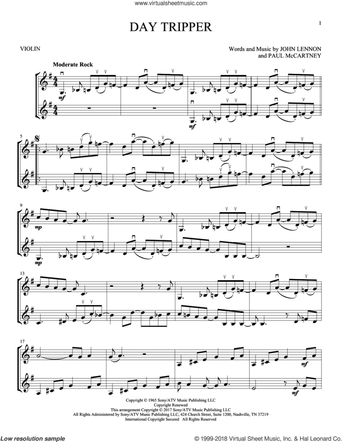 Day Tripper sheet music for two violins (duets, violin duets) by The Beatles, John Lennon and Paul McCartney, intermediate skill level