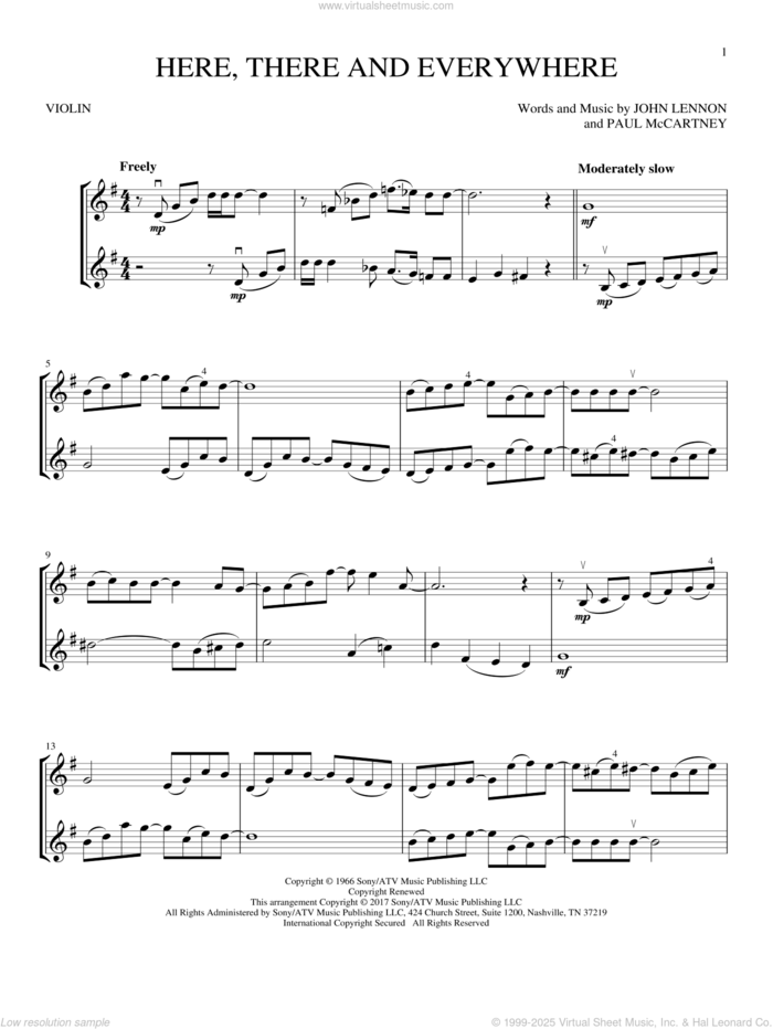 Here, There And Everywhere sheet music for two violins (duets, violin duets) by The Beatles, John Lennon and Paul McCartney, wedding score, intermediate skill level