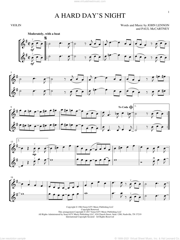 A Hard Day's Night sheet music for two violins (duets, violin duets) by The Beatles, John Lennon and Paul McCartney, intermediate skill level