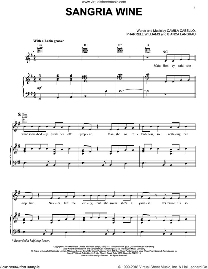 Sangria Wine sheet music for voice, piano or guitar by Camila Cabello and Pharrell Williams, Bianca Landrau, Camila Cabello and Pharrell Williams, intermediate skill level