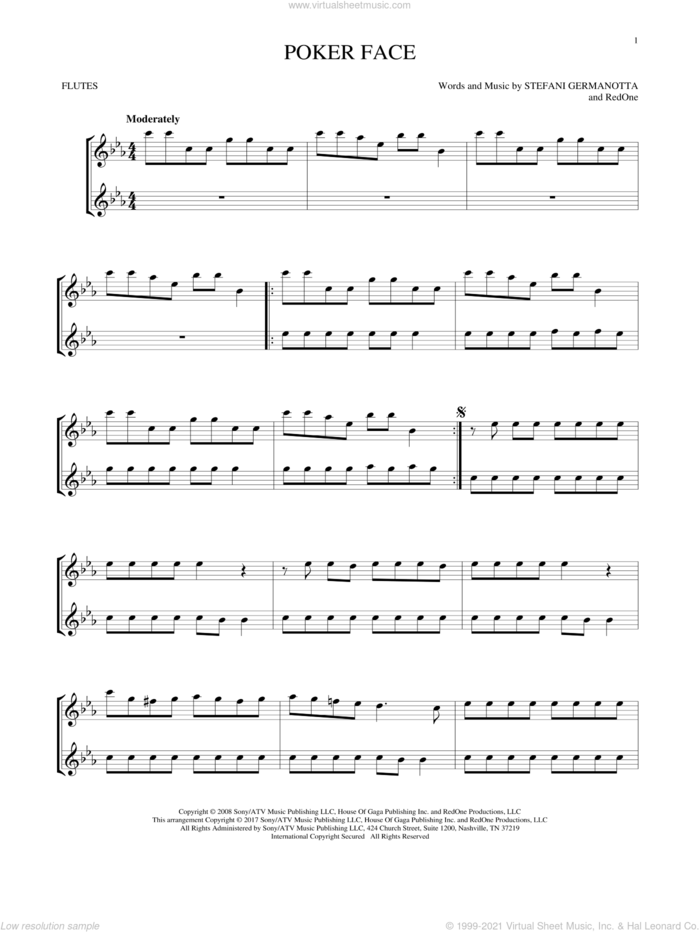 Poker Face sheet music for two flutes (duets) by Lady Gaga and RedOne, intermediate skill level