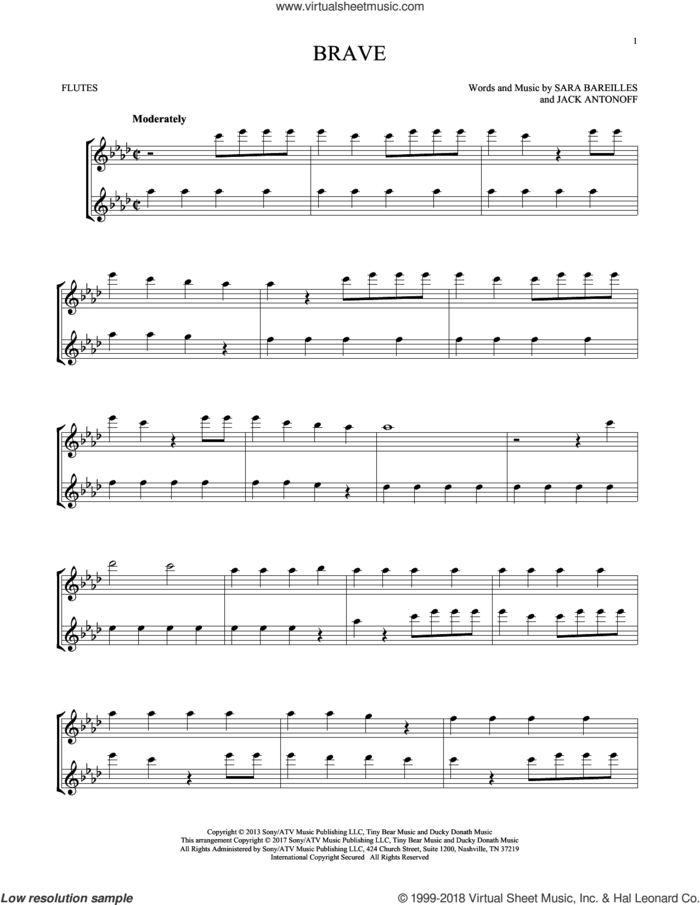 Brave sheet music for two flutes (duets) by Sara Bareilles and Jack Antonoff, intermediate skill level