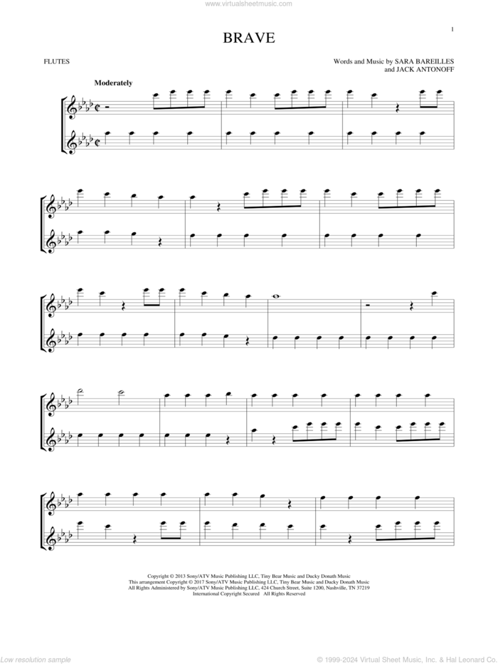 Brave sheet music for two flutes (duets) by Sara Bareilles and Jack Antonoff, intermediate skill level