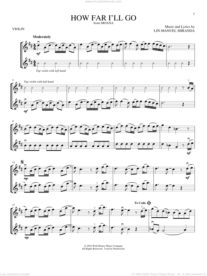 How Far I'll Go (from Moana) sheet music for two violins (duets, violin duets) by Alessia Cara and Lin-Manuel Miranda, intermediate skill level