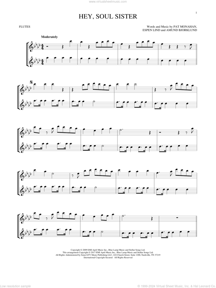 Hey, Soul Sister sheet music for two flutes (duets) by Train, Amund Bjorklund, Espen Lind and Pat Monahan, intermediate skill level