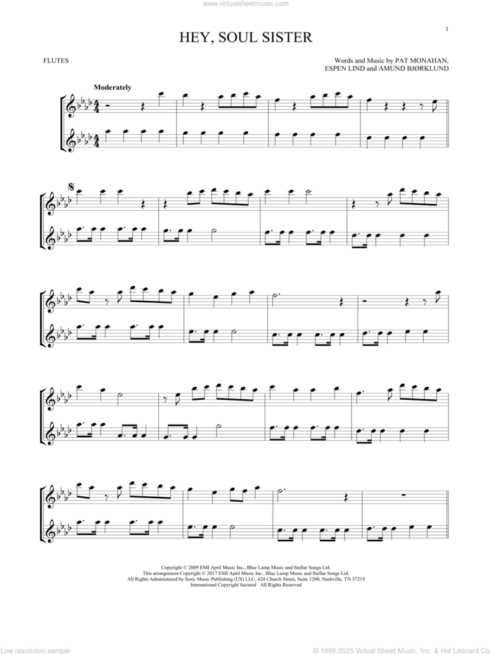 Hey, Soul Sister sheet music for two flutes (duets) by Train, Amund Bjorklund, Espen Lind and Pat Monahan, intermediate skill level