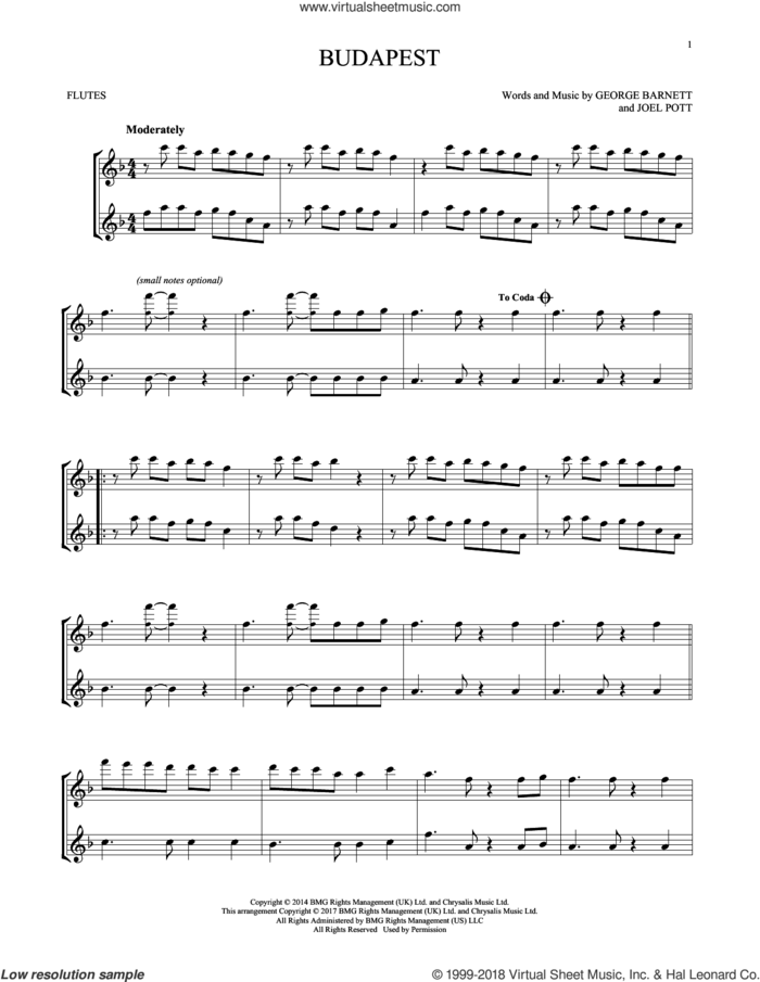 Budapest sheet music for two flutes (duets) by George Ezra, George Barnett and Joel Pott, intermediate skill level