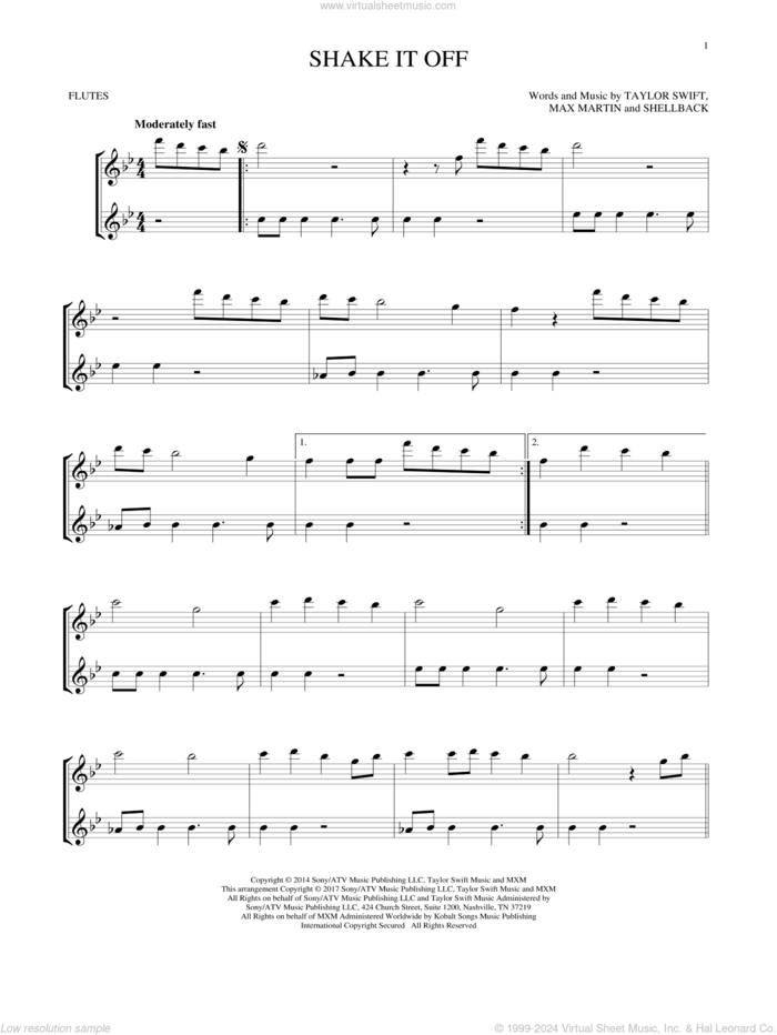 Shake It Off sheet music for two flutes (duets) by Taylor Swift, Johan Schuster, Max Martin and Shellback, intermediate skill level