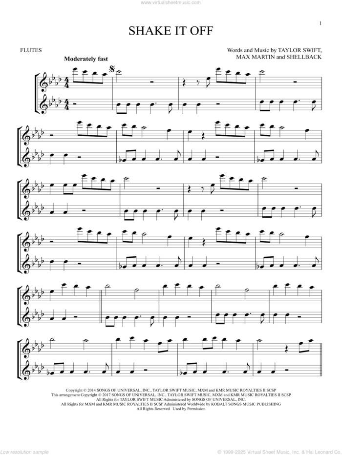 Shake It Off sheet music for two flutes (duets) by Taylor Swift, Johan Schuster, Max Martin and Shellback, intermediate skill level