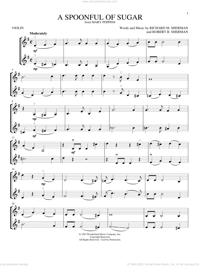A Spoonful Of Sugar (from Mary Poppins) sheet music for two violins (duets, violin duets) by Richard M. Sherman, Robert B. Sherman and Sherman Brothers, intermediate skill level