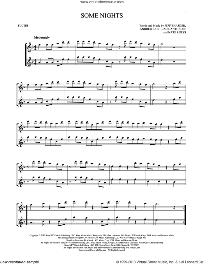 Some Nights sheet music for two flutes (duets) by Jeff Bhasker, Fun, Andrew Dost, Jack Antonoff and Nate Ruess, intermediate skill level