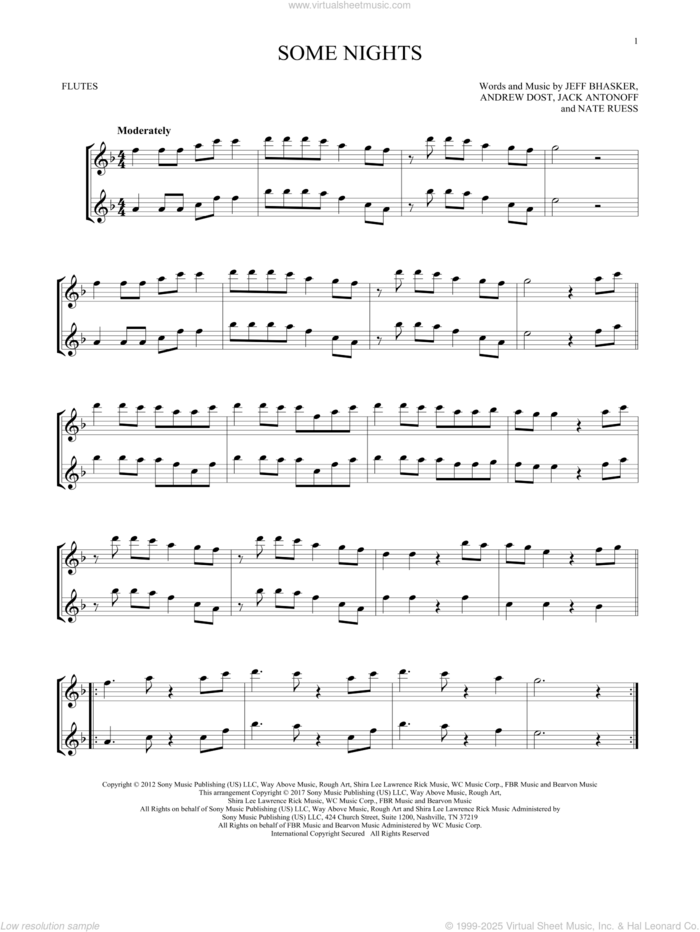 Some Nights sheet music for two flutes (duets) by Jeff Bhasker, Fun, Andrew Dost, Jack Antonoff and Nate Ruess, intermediate skill level