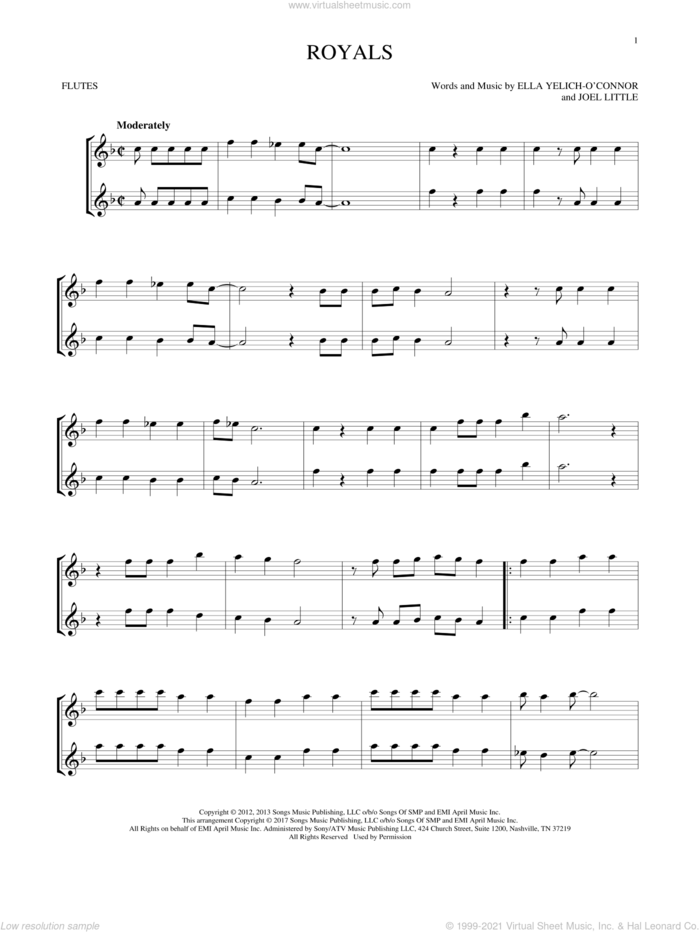 Royals sheet music for two flutes (duets) by Lorde and Joel Little, intermediate skill level