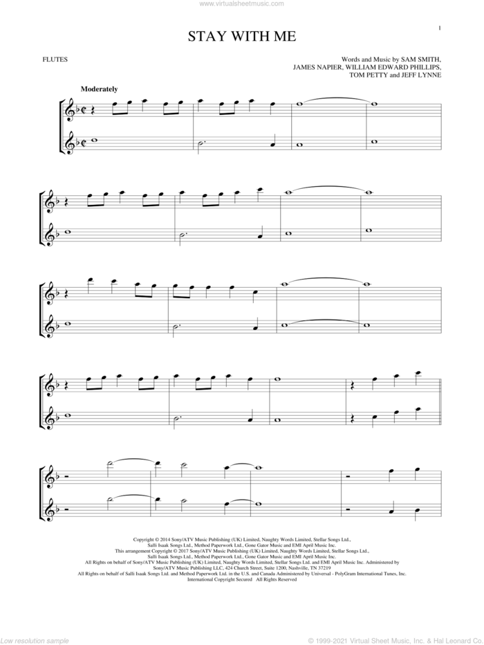 Stay With Me sheet music for two flutes (duets) by Sam Smith, James Napier, Jeff Lynne, Tom Petty and William Edward Phillips, intermediate skill level