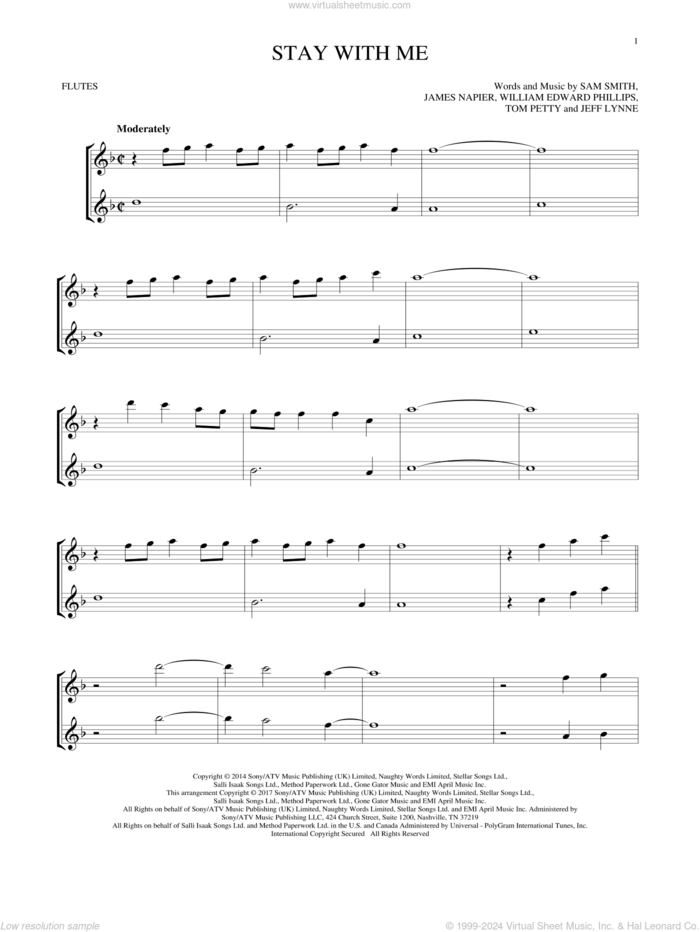 Stay With Me sheet music for two flutes (duets) by Sam Smith, James Napier, Jeff Lynne, Tom Petty and William Edward Phillips, intermediate skill level