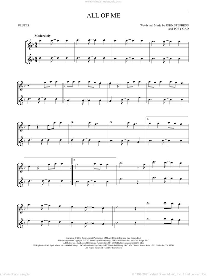 All Of Me sheet music for two flutes (duets) by John Legend, John Stephens and Toby Gad, wedding score, intermediate skill level