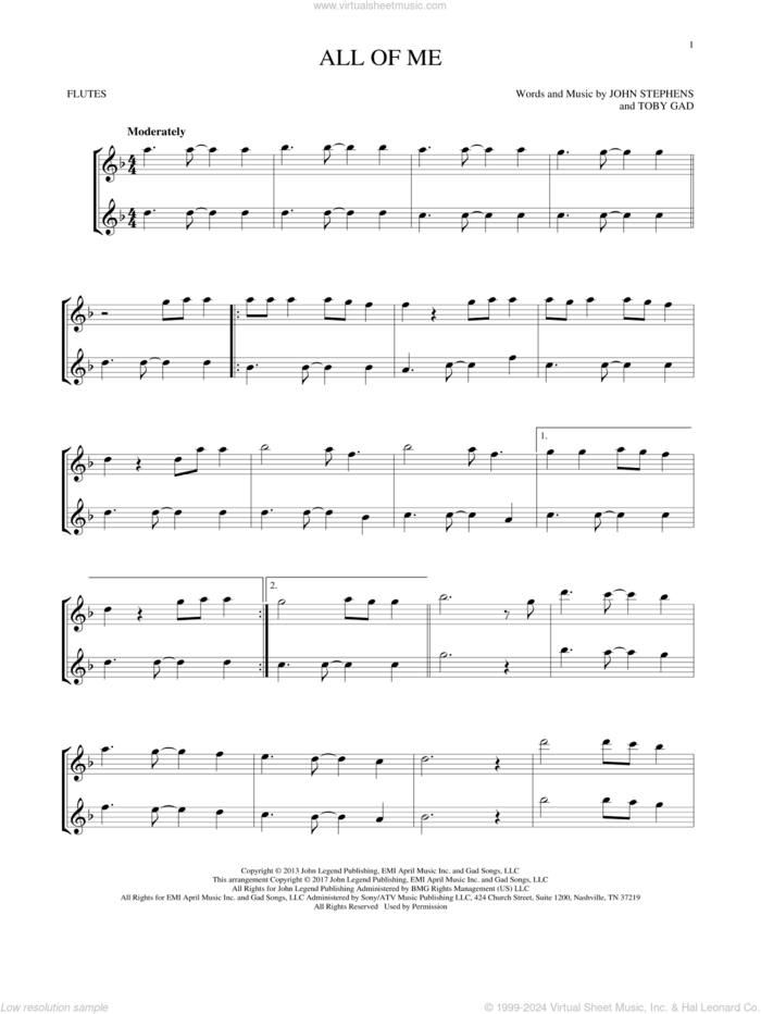 All Of Me sheet music for two flutes (duets) by John Legend, John Stephens and Toby Gad, wedding score, intermediate skill level