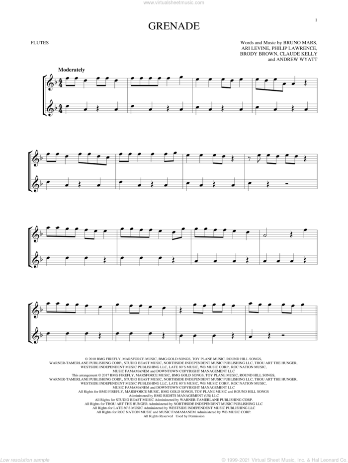 Grenade sheet music for two flutes (duets) by Bruno Mars, Andrew Wyatt, Ari Levine, Brody Brown, Claude Kelly and Philip Lawrence, intermediate skill level