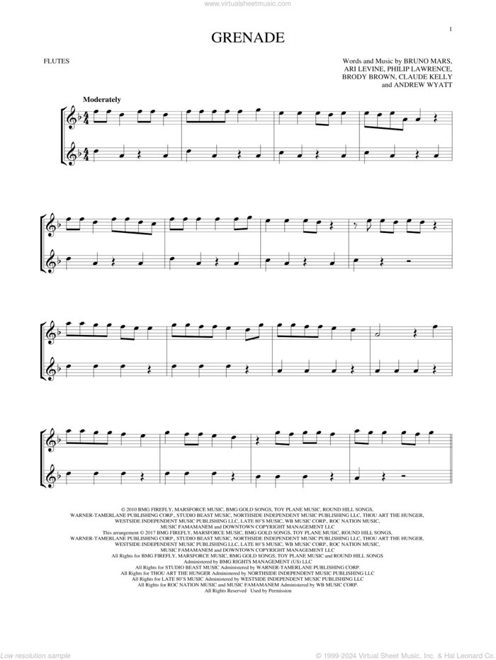 Grenade sheet music for two flutes (duets) by Bruno Mars, Andrew Wyatt, Ari Levine, Brody Brown, Claude Kelly and Philip Lawrence, intermediate skill level