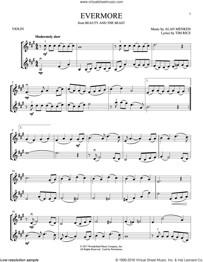 Evermore (from Beauty And The Beast) sheet music for two violins (duets, violin duets) by Alan Menken, Josh Groban and Tim Rice, intermediate skill level