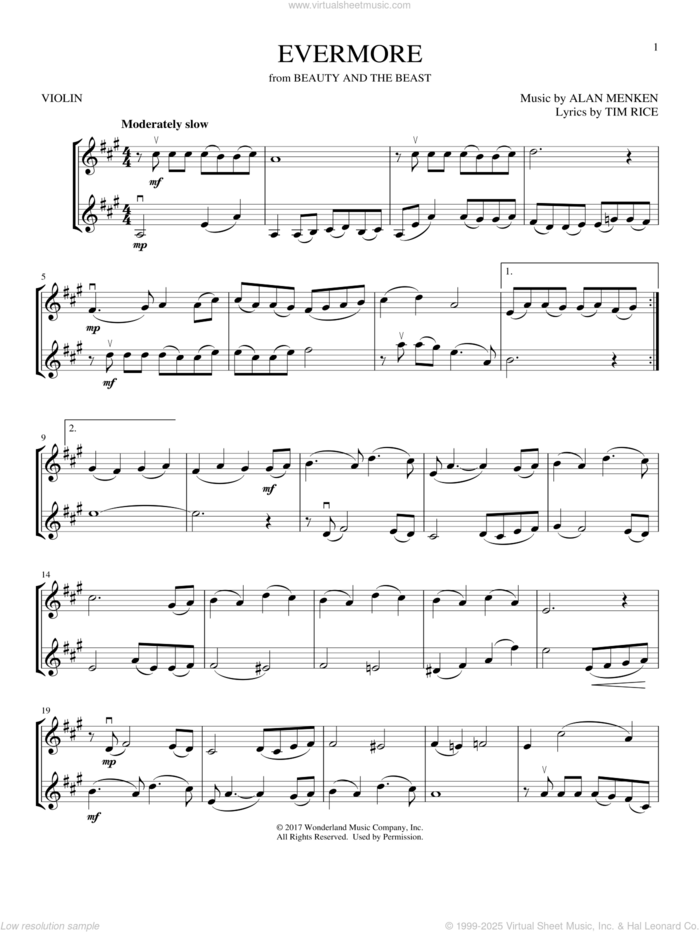 Evermore (from Beauty And The Beast) sheet music for two violins (duets, violin duets) by Alan Menken, Josh Groban and Tim Rice, intermediate skill level