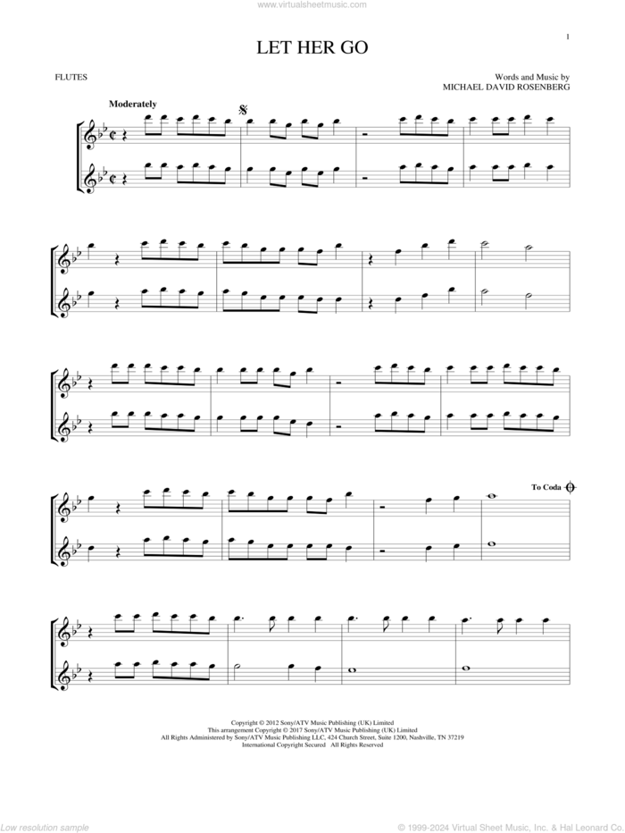 Let Her Go sheet music for two flutes (duets) by Passenger and Michael David Rosenberg, intermediate skill level