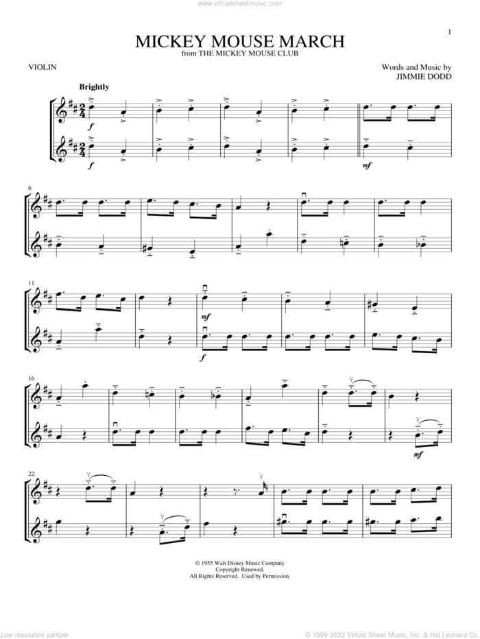 Mickey Mouse March sheet music for two violins (duets, violin duets) by Jimmie Dodd, intermediate skill level