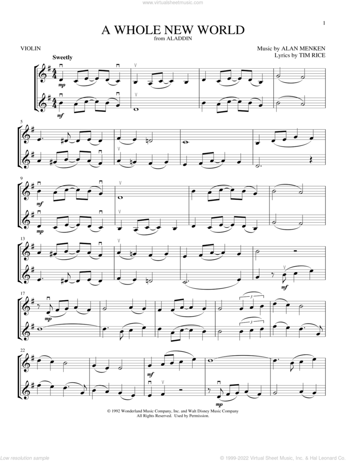 A Whole New World (from Aladdin) sheet music for two violins (duets, violin duets) by Alan Menken and Tim Rice, wedding score, intermediate skill level