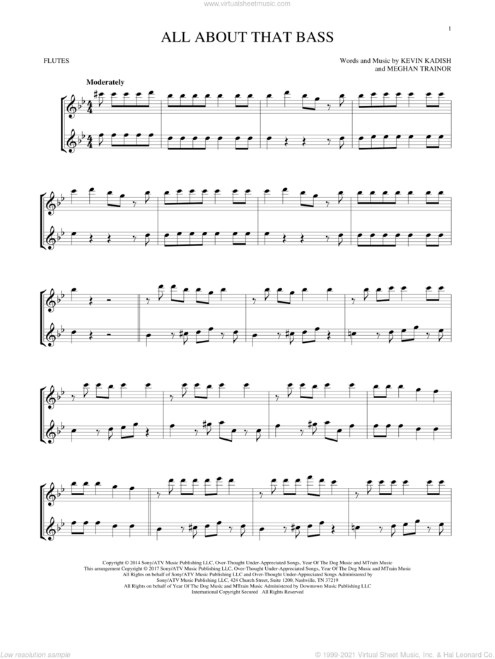 All About That Bass sheet music for two flutes (duets) by Meghan Trainor and Kevin Kadish, intermediate skill level