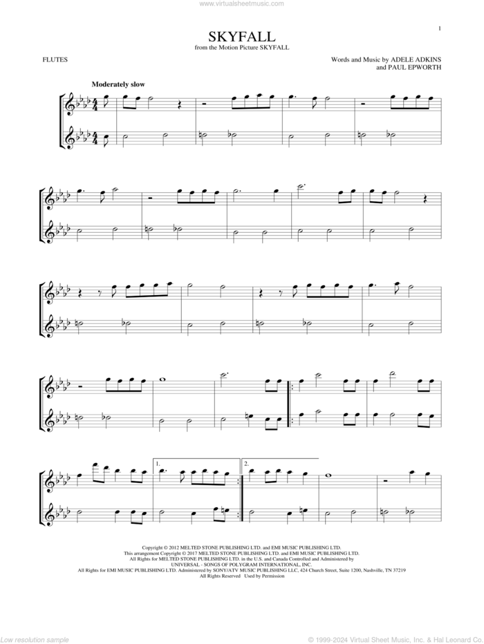 Skyfall sheet music for two flutes (duets) by Adele, Adele Adkins and Paul Epworth, intermediate skill level