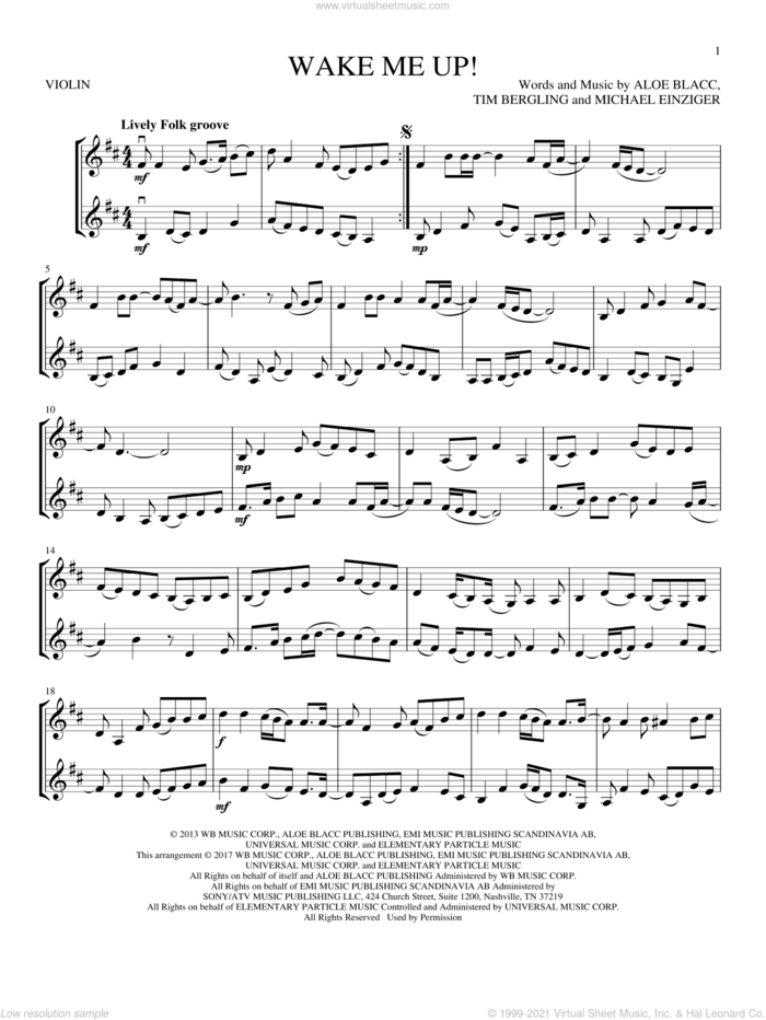 Wake Me Up! sheet music for two violins (duets, violin duets) by Avicii, Aloe Blacc, Michael Einziger and Tim Bergling, intermediate skill level