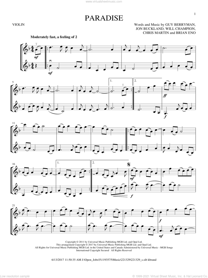 Paradise sheet music for two violins (duets, violin duets) by Guy Berryman, Coldplay, Brian Eno, Chris Martin, Jon Buckland and Will Champion, intermediate skill level