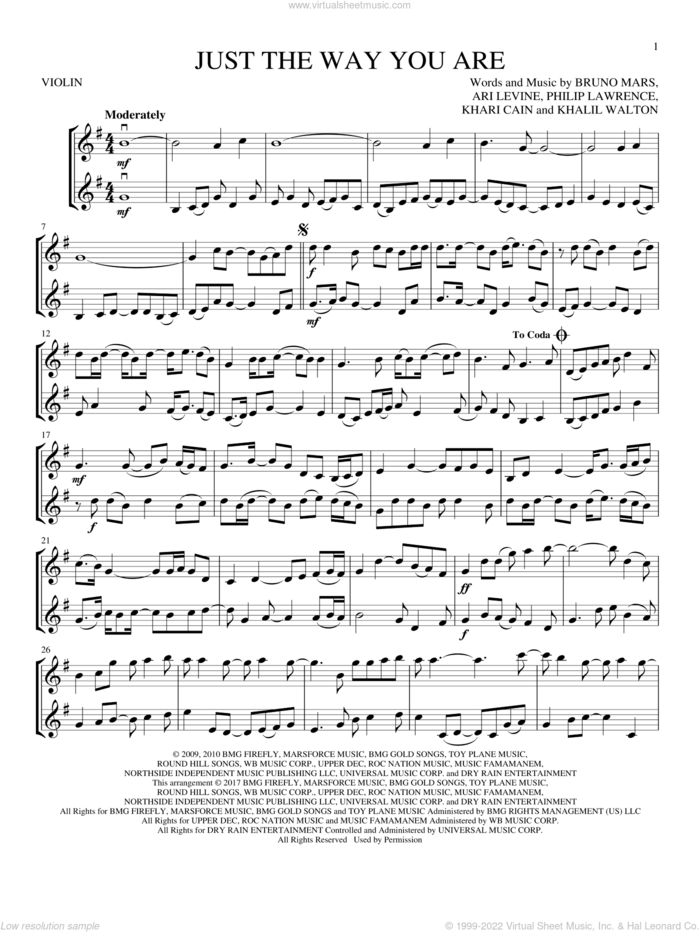 Just The Way You Are sheet music for two violins (duets, violin duets) by Bruno Mars, Khalil Walton, Khari Cain and Philip Lawrence, intermediate skill level
