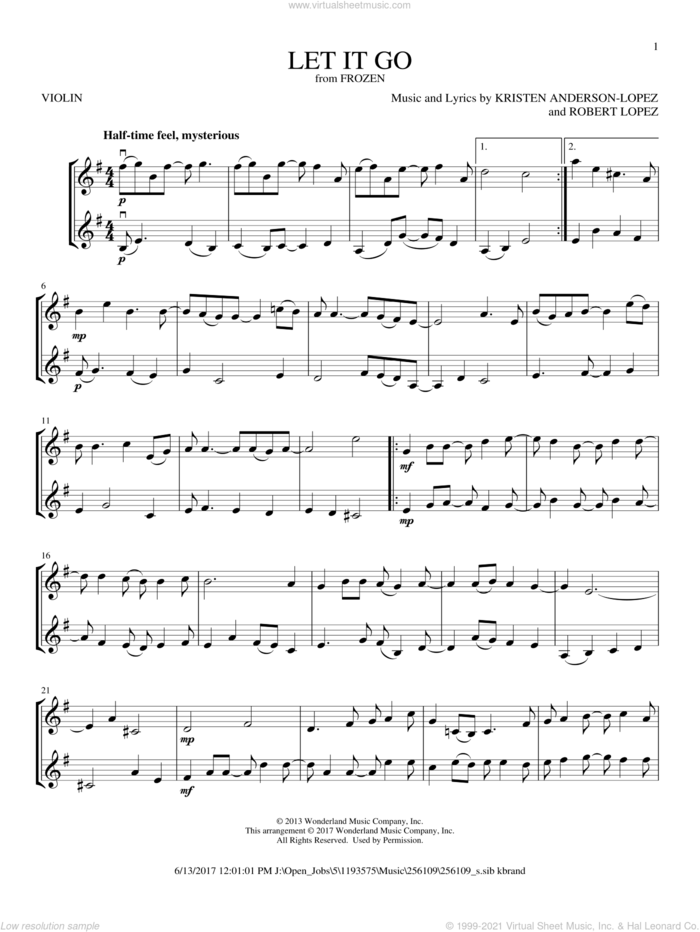 Let It Go (from Frozen) sheet music for two violins (duets, violin duets) by Idina Menzel, Kristen Anderson-Lopez and Robert Lopez, intermediate skill level