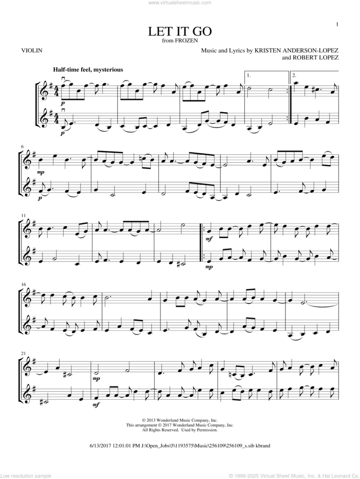 Let It Go (from Frozen) sheet music for two violins (duets, violin duets) by Idina Menzel, Kristen Anderson-Lopez and Robert Lopez, intermediate skill level