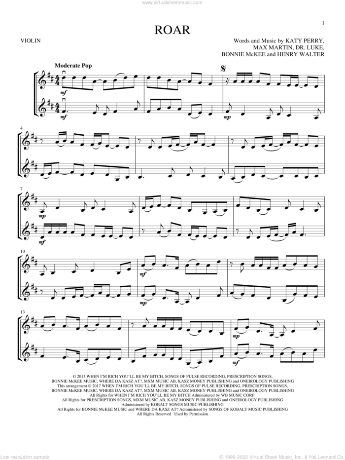 Roar sheet music for two violins (duets, violin duets) by Katy Perry, Bonnie McKee, Dr. Luke, Henry Walter and Max Martin, intermediate skill level