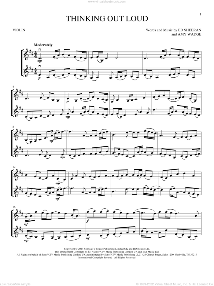 Thinking Out Loud sheet music for two violins (duets, violin duets) by Ed Sheeran and Amy Wadge, wedding score, intermediate skill level