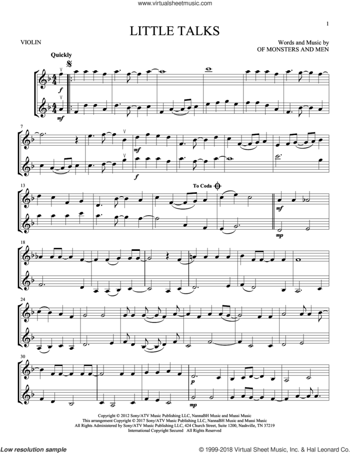 Little Talks sheet music for two violins (duets, violin duets) by Of Monsters And Men, intermediate skill level