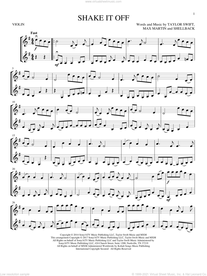 Shake It Off sheet music for two violins (duets, violin duets) by Taylor Swift, Johan Schuster, Max Martin and Shellback, intermediate skill level
