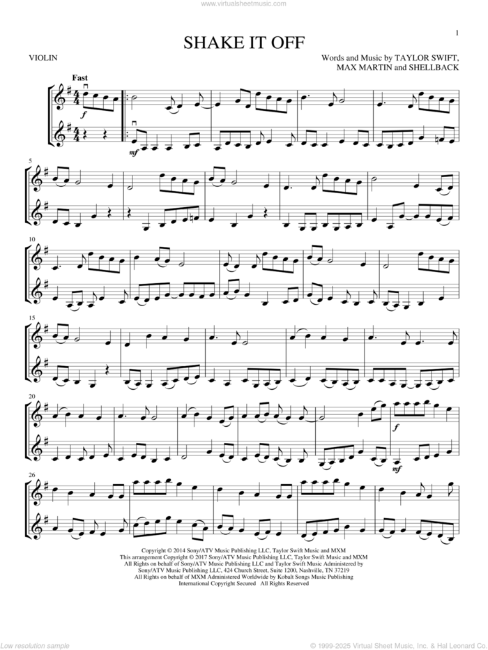 Shake It Off sheet music for two violins (duets, violin duets) by Taylor Swift, Johan Schuster, Max Martin and Shellback, intermediate skill level