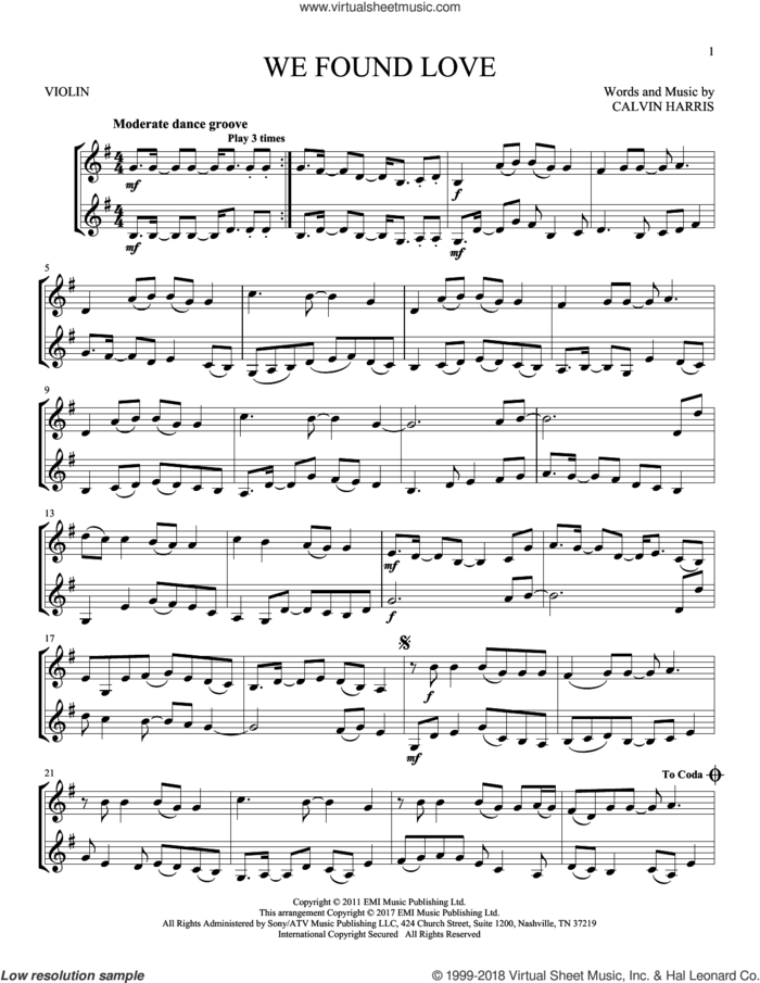 We Found Love sheet music for two violins (duets, violin duets) by Rihanna featuring Calvin Harris and Calvin Harris, wedding score, intermediate skill level