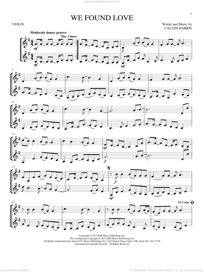 We Found Love sheet music for two violins (duets, violin duets) by Rihanna featuring Calvin Harris and Calvin Harris, wedding score, intermediate skill level