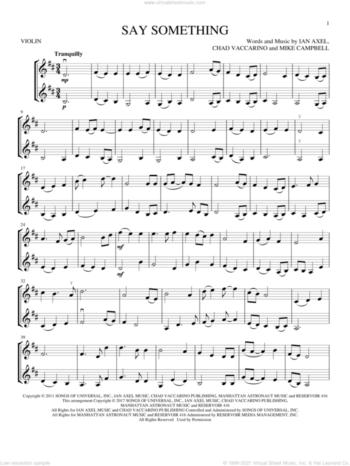 Say Something sheet music for two violins (duets, violin duets) by A Great Big World, Chad Vaccarino, Ian Axel and Mike Campbell, intermediate skill level