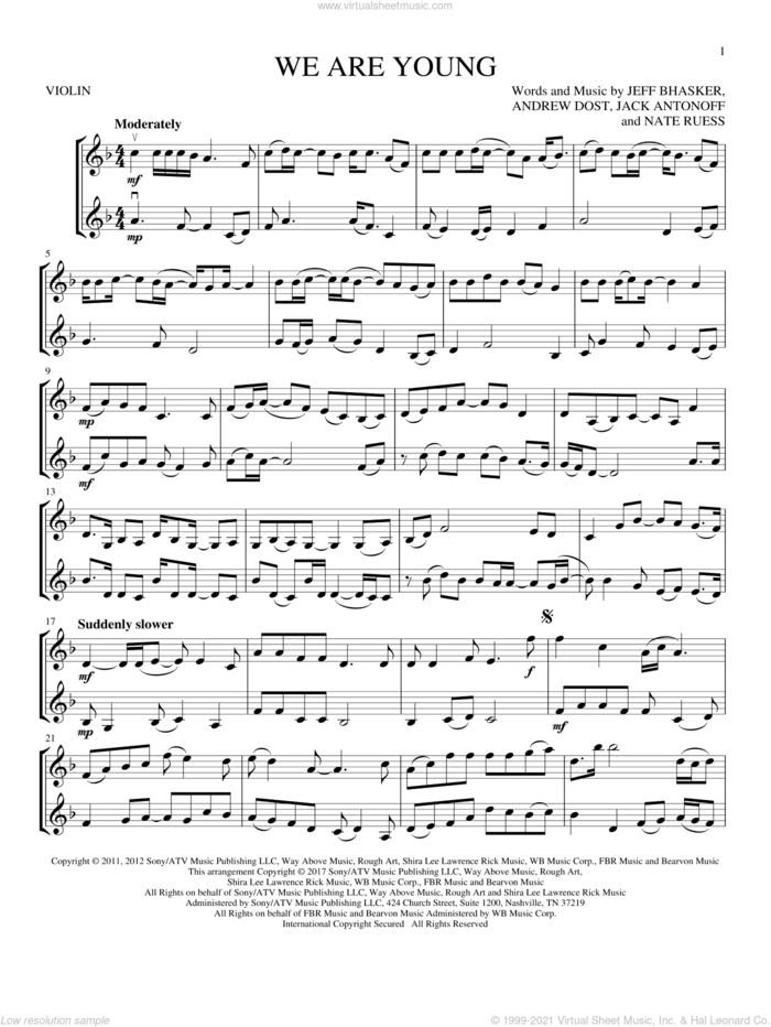 We Are Young sheet music for two violins (duets, violin duets) by fun. featuring Janelle Monae, Fun, Andrew Dost, Jack Antonoff, Jeff Bhasker and Nate Ruess, intermediate skill level